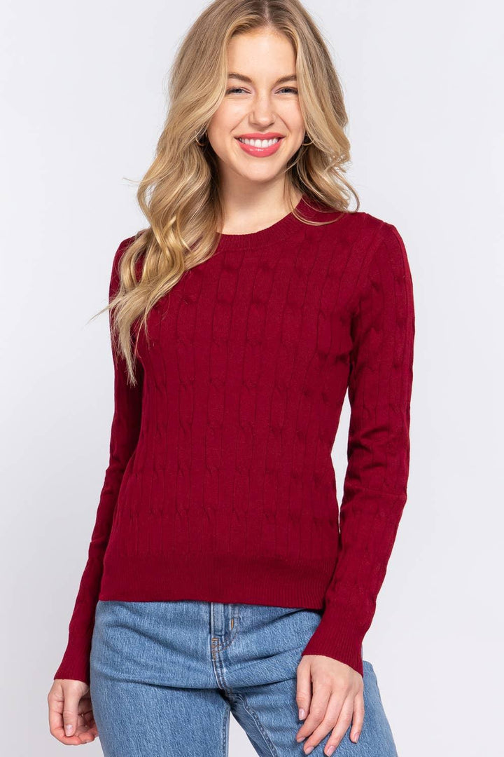 Women's Sweaters - Long Sleeve Round Neck Cable Sweater - - Cultured Cloths Apparel