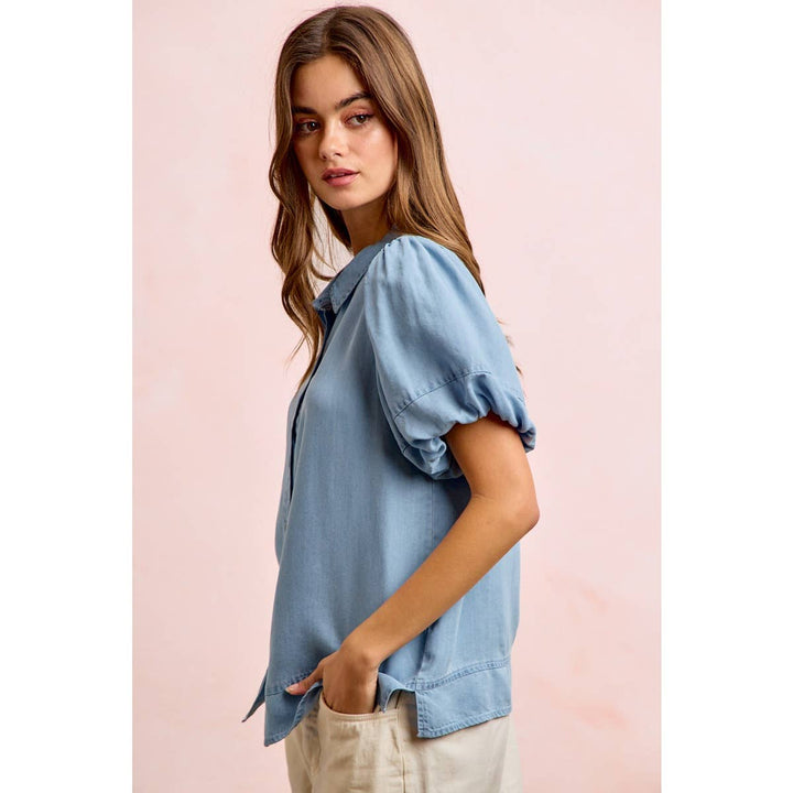 Women's Short Sleeve - PUFF SLEEVES WASHED TENCEL SHIRT TOP - - Cultured Cloths Apparel