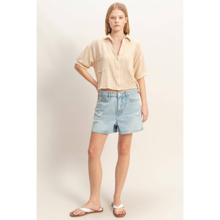 Women's Short Sleeve - Textured Button-Up Shirt - - Cultured Cloths Apparel