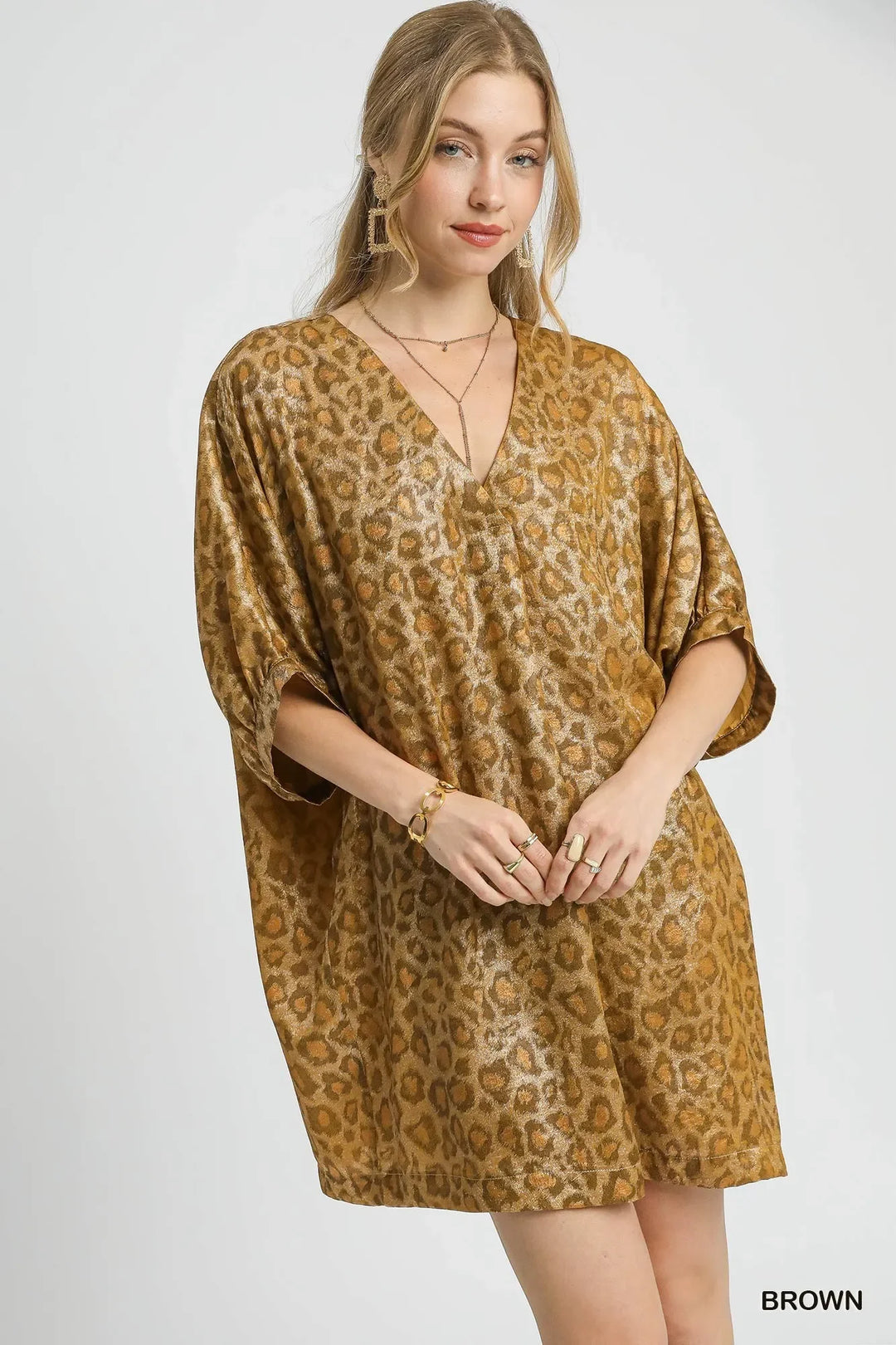 Women's Dresses - Umgee Metallic Leopard Print V-Neck Kimono Dress - Brown - Cultured Cloths Apparel