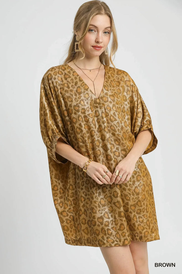 Women's Dresses - Umgee Metallic Leopard Print V-Neck Kimono Dress - Brown - Cultured Cloths Apparel