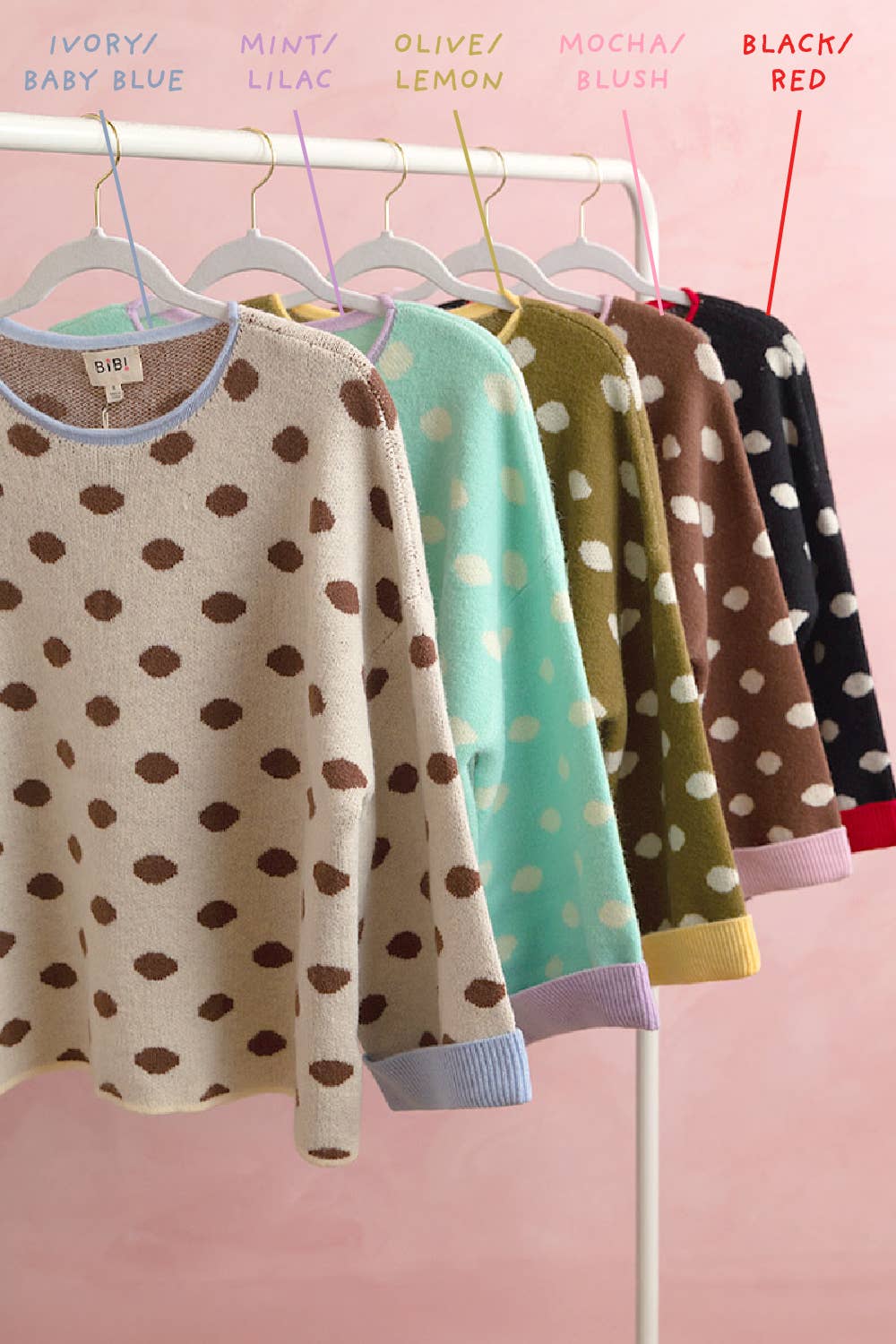 CONTRAST NECK AND ROLL UP DETAIL POLKA DOT SWEATER