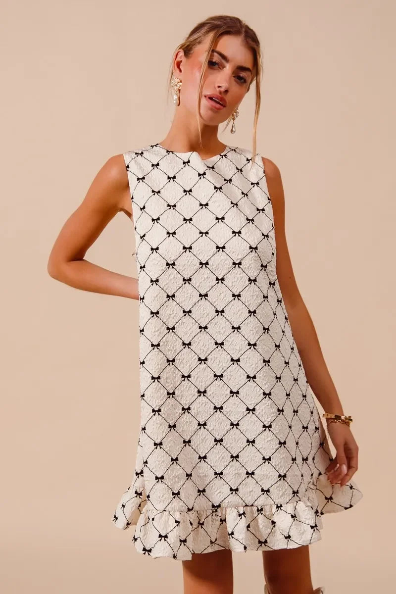 Women's Dresses - SO ME Texture Bow Printed Mini Ruffle Dress - - Cultured Cloths Apparel