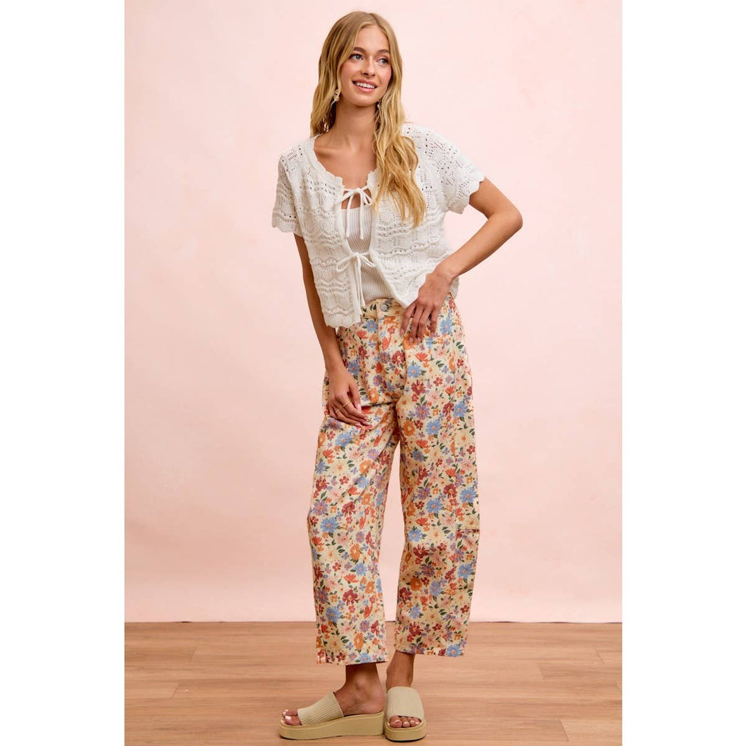 Pants - WASHED FLORAL PRINTED TWILL BARREL PANTS - - Cultured Cloths Apparel