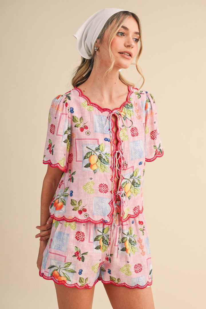 Romper - FRUIT PRINT EMBROIDERED SCALLOP TOP AND SHORTS SET - - Cultured Cloths Apparel