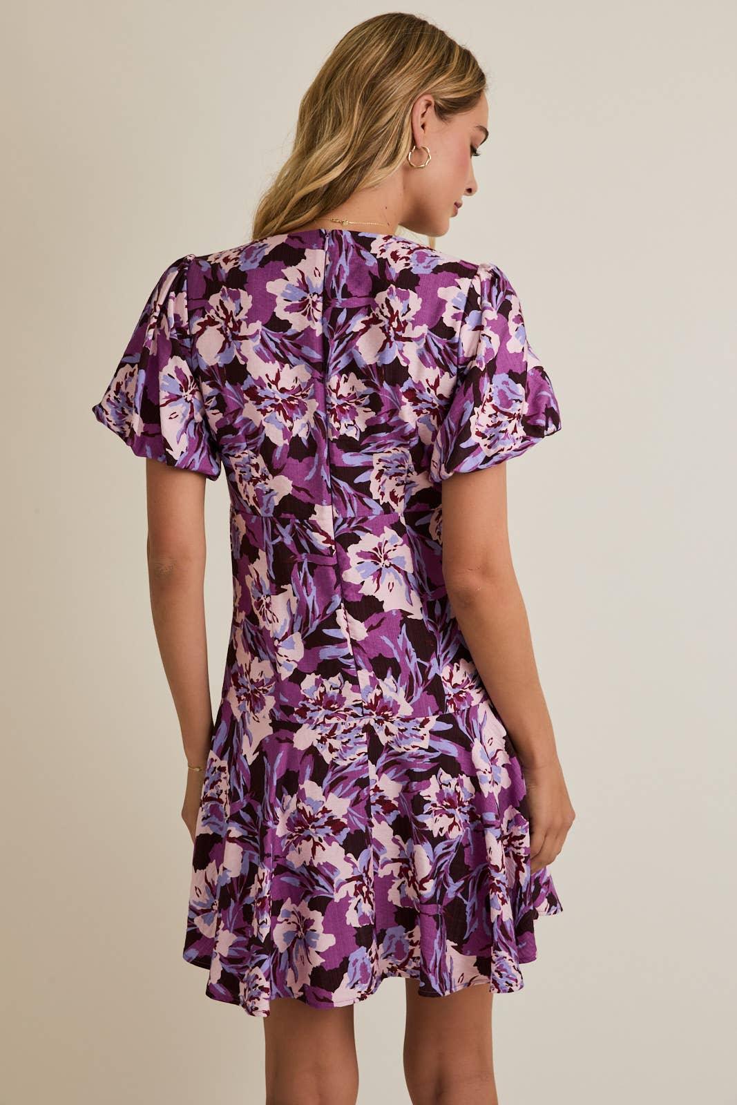 Women's Dresses - V-NECK PUFF SHORT SLEEVE FLARE HEM FLORAL MINI DRESS - - Cultured Cloths Apparel