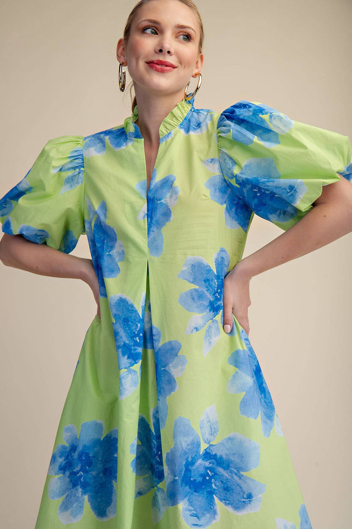 Lime Ruffle V-Neck Puff Sleeve Waist Pleated Midi Dress