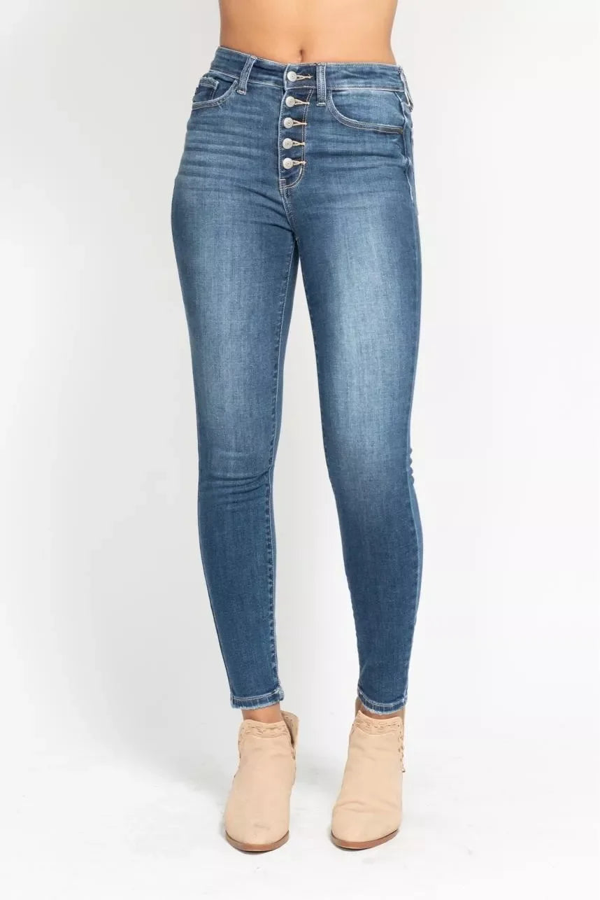 Denim - Judy Blue Full Size High Rise Button Fly Skinny Jeans Plus Size - - Cultured Cloths Apparel