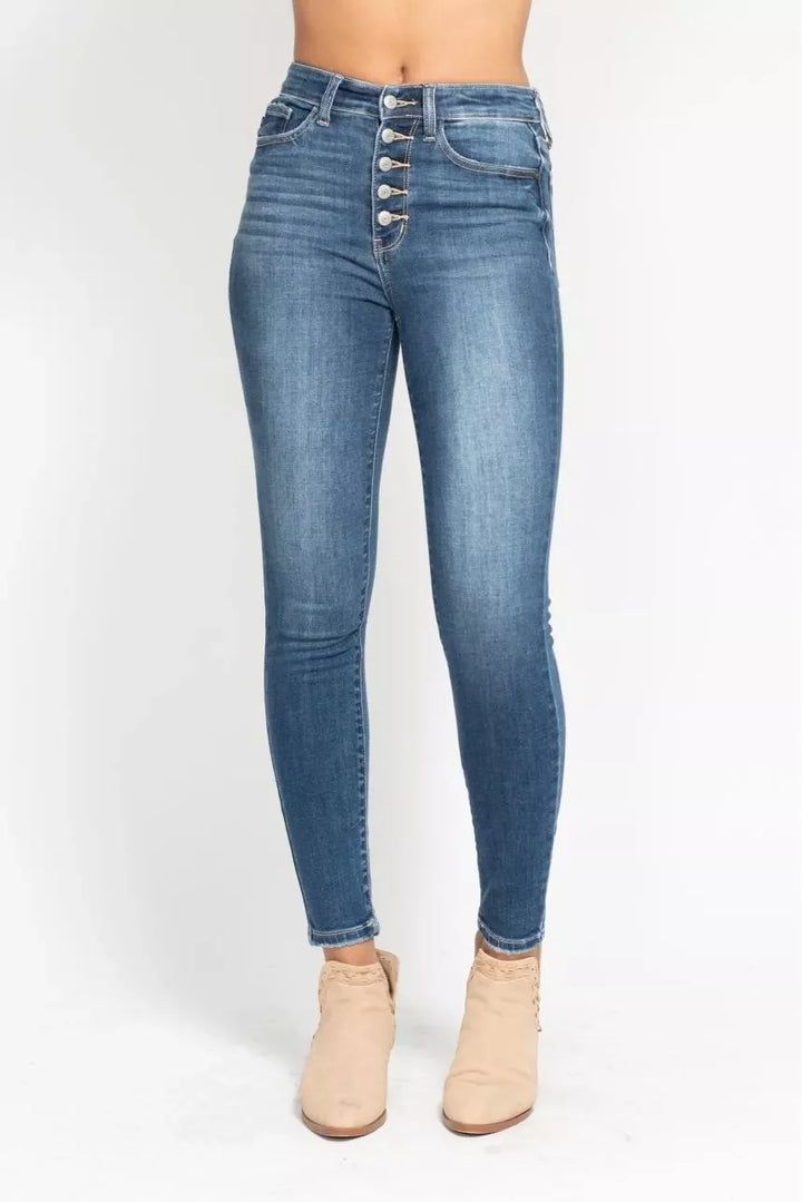 Denim - Judy Blue Full Size High Rise Button Fly Skinny Jeans Plus Size - - Cultured Cloths Apparel