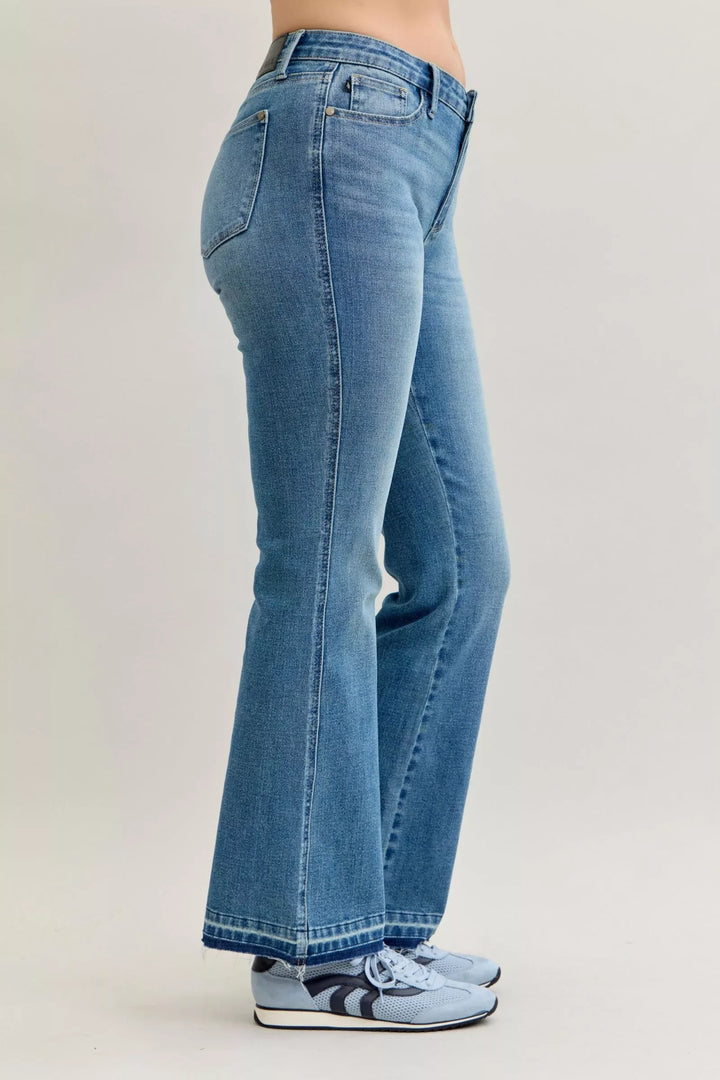 Denim - Judy Blue Full Size Mid Rise Slim Bootcut Tummy Control Release Hem Jeans Plus Size - - Cultured Cloths Apparel