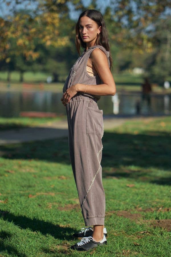 Washed Lace Trim Sleeveless Hooded Jumpsuit