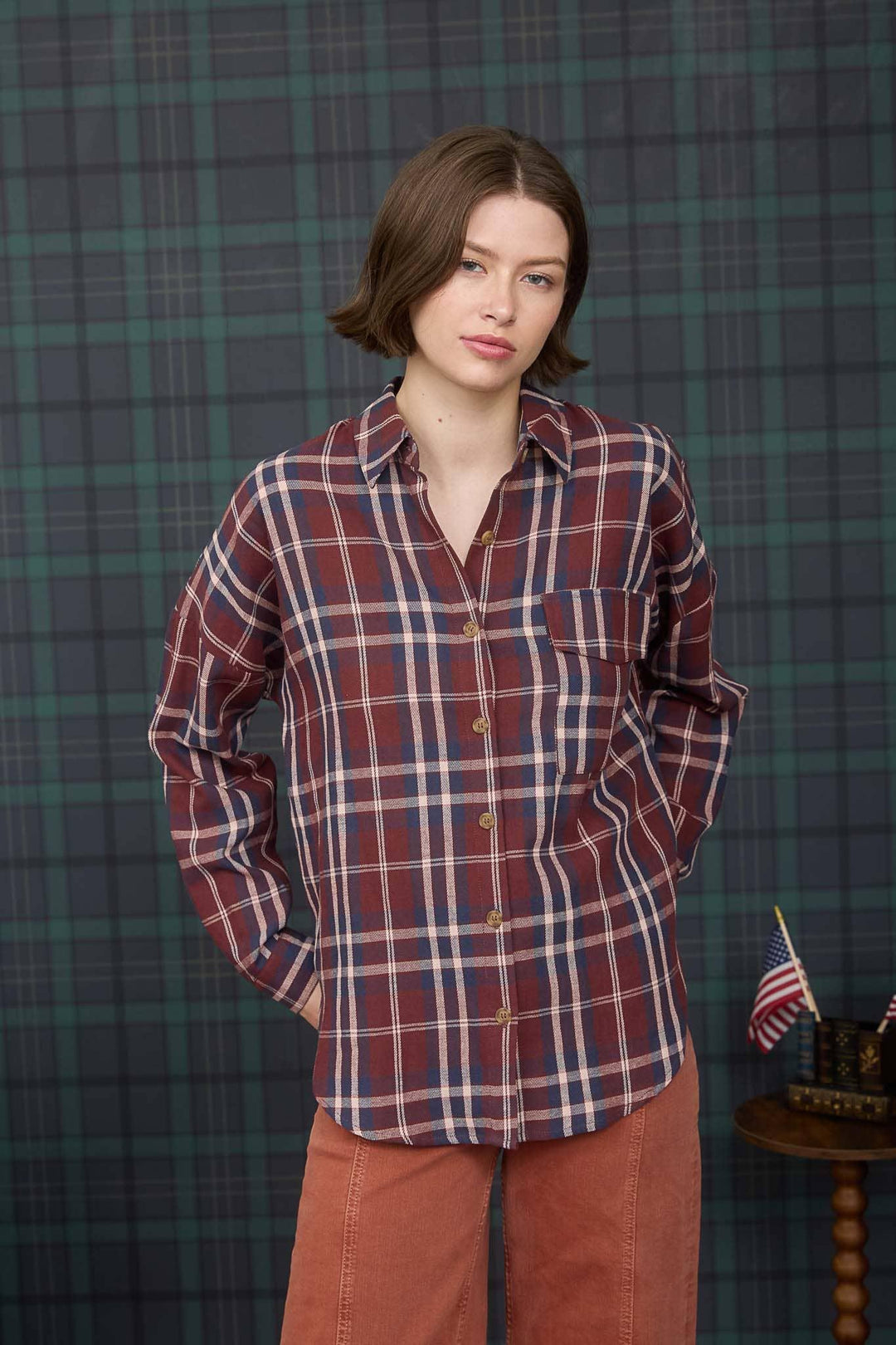 Women's Long Sleeve - PLAID BUTTON DOWN POCKET DETAIL LONG SLEEVE SHIRT - - Cultured Cloths Apparel