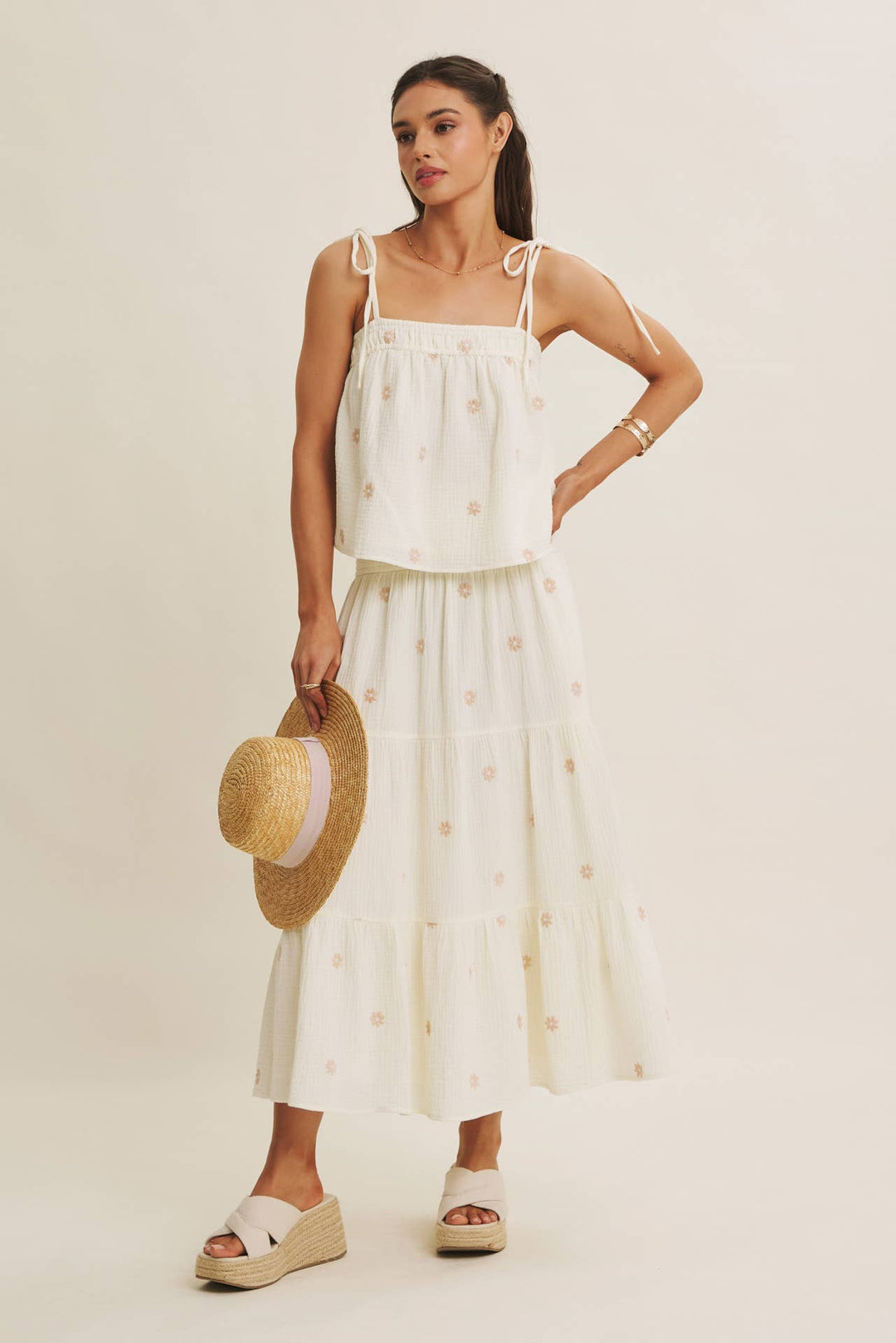 Women's Sleeveless - SUNSET FIELD EMBROIDERED COTTON GAUZE TANK WITH TIE STRAPS - - Cultured Cloths Apparel
