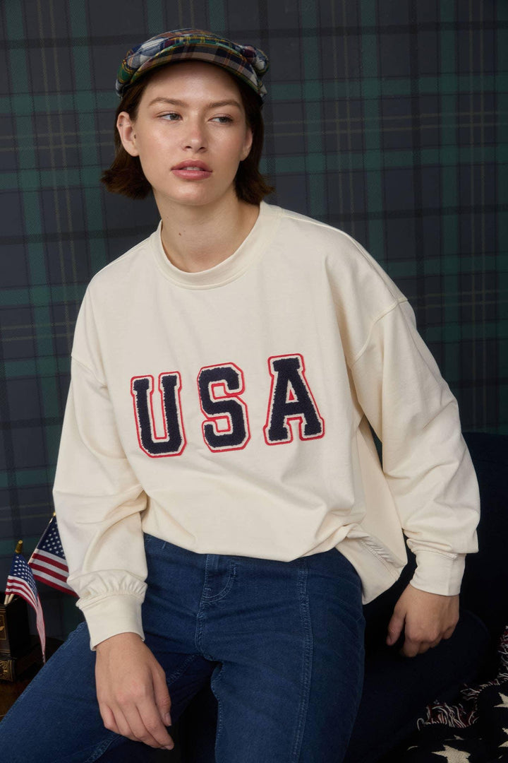 Women's Long Sleeve - USA VARSITY LETTER LONG SLEEVE KNIT TOP - CREAM - Cultured Cloths Apparel