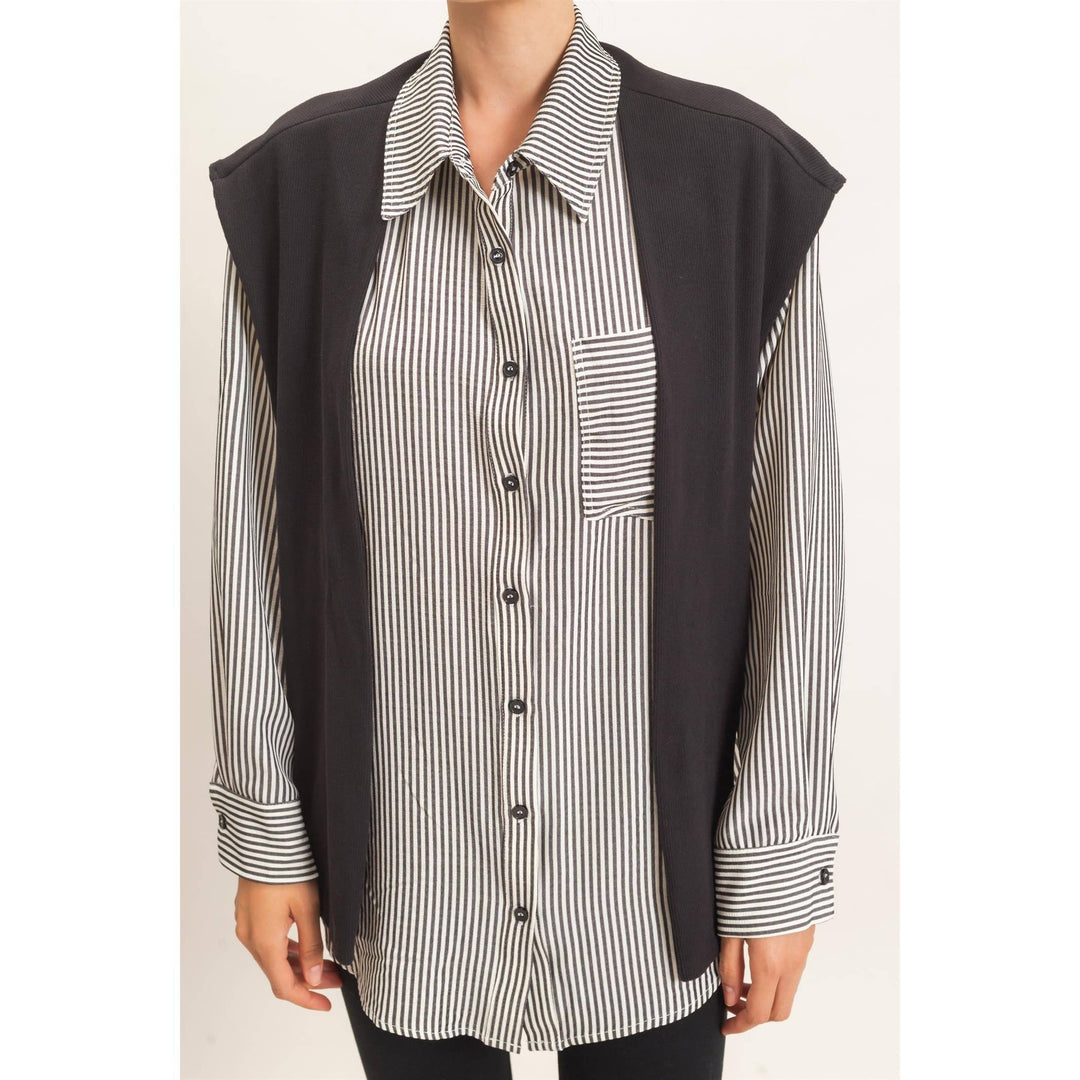 Striped Button-Up Shirt With Faux Tie