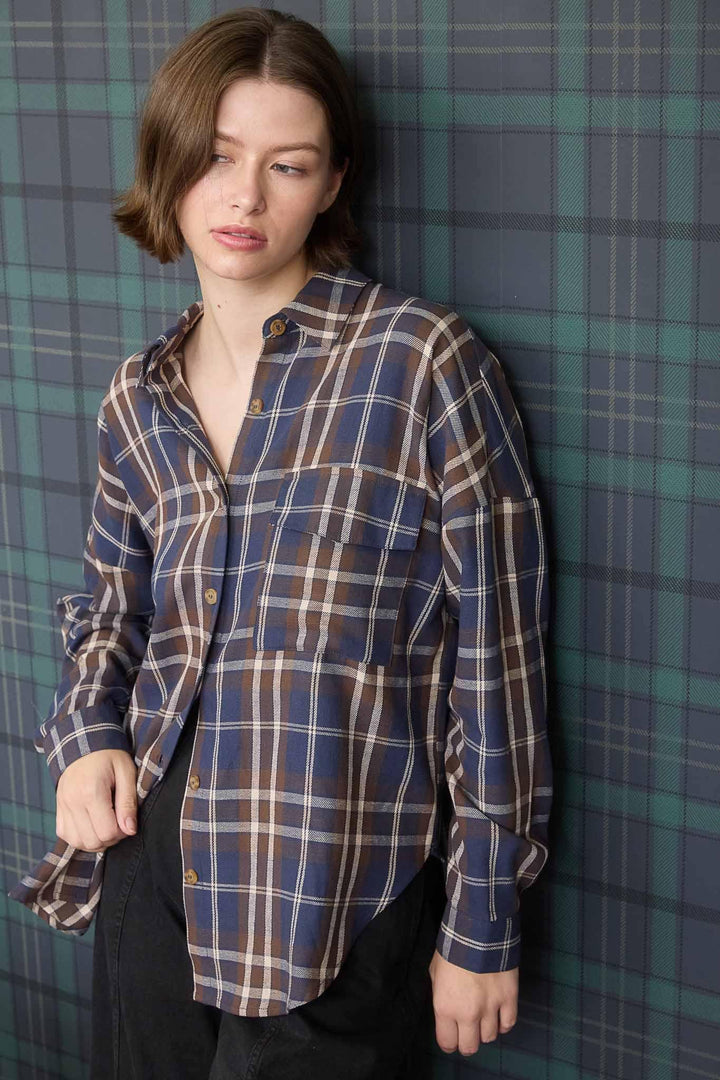 Women's Long Sleeve - PLAID BUTTON DOWN POCKET DETAIL LONG SLEEVE SHIRT - - Cultured Cloths Apparel