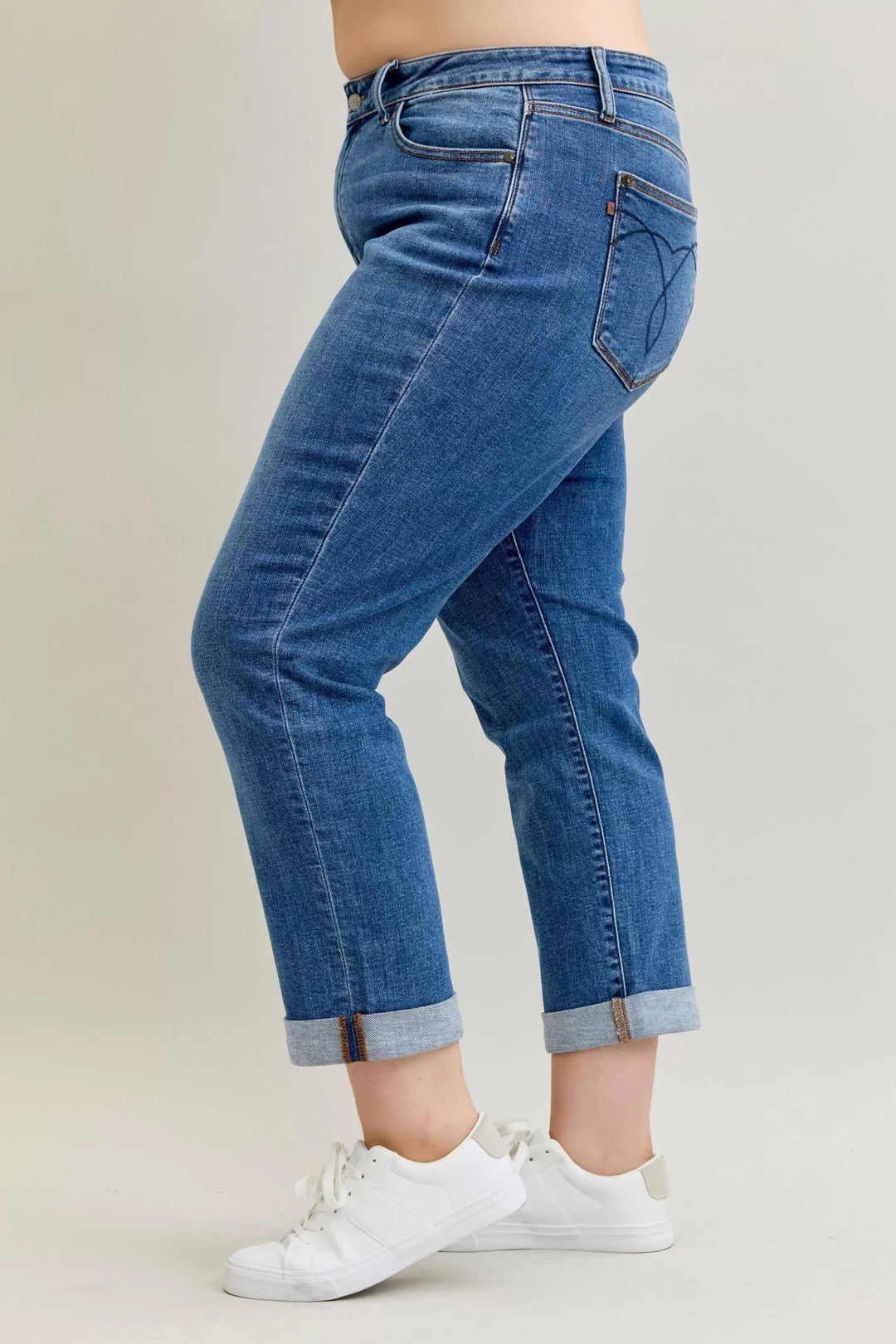 Denim - Judy Blue Full Size Mid Rise BF Classic Cuffed Jeans Plus Size - - Cultured Cloths Apparel