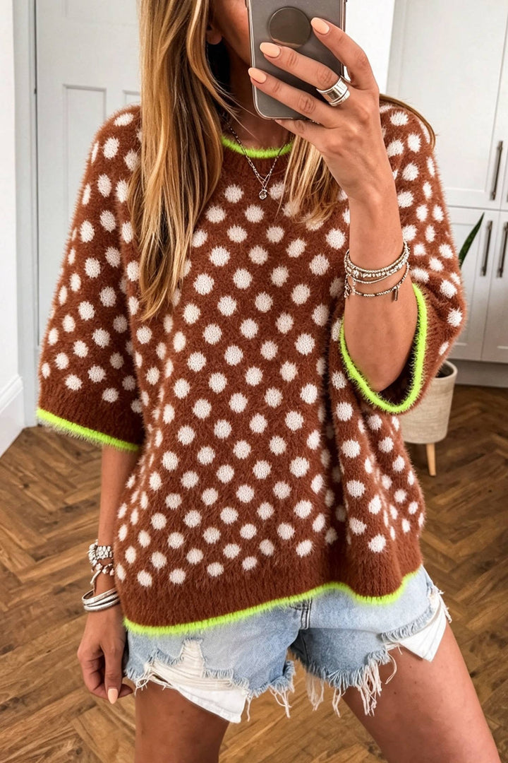 Polka Dot Contrast Trim Round Neck Half Sleeve Sweater(S-XL)