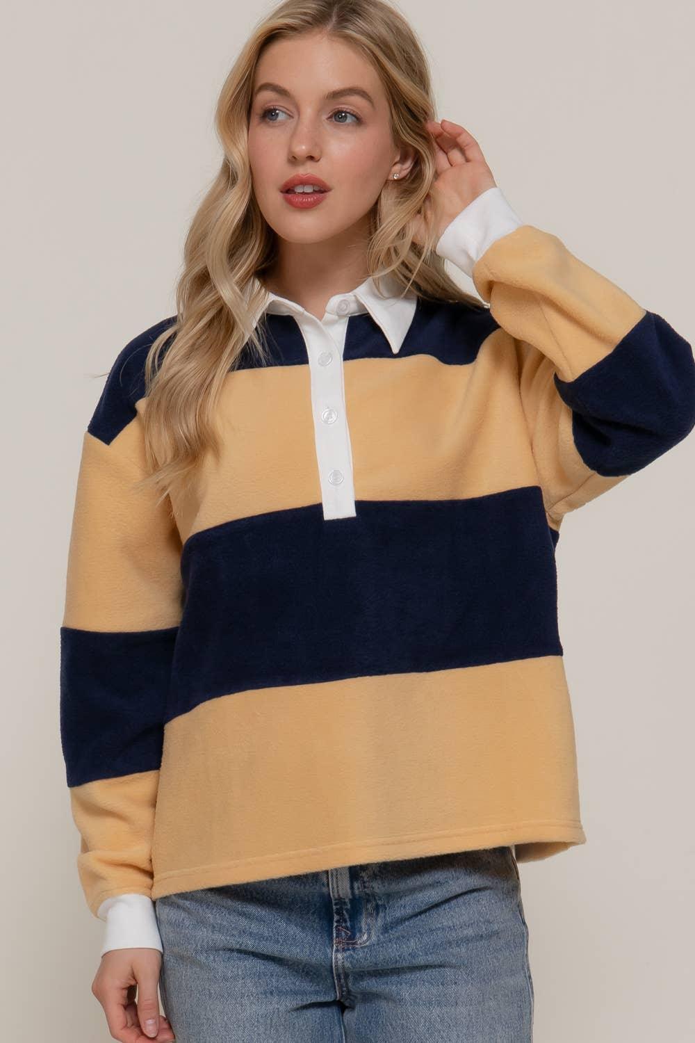 Women's Long Sleeve - Long Sleeve Rugby Stripe Fleece Polo Top - yellow/navy - Cultured Cloths Apparel