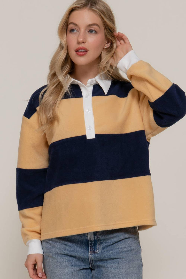Women's Long Sleeve - Long Sleeve Rugby Stripe Fleece Polo Top - yellow/navy - Cultured Cloths Apparel