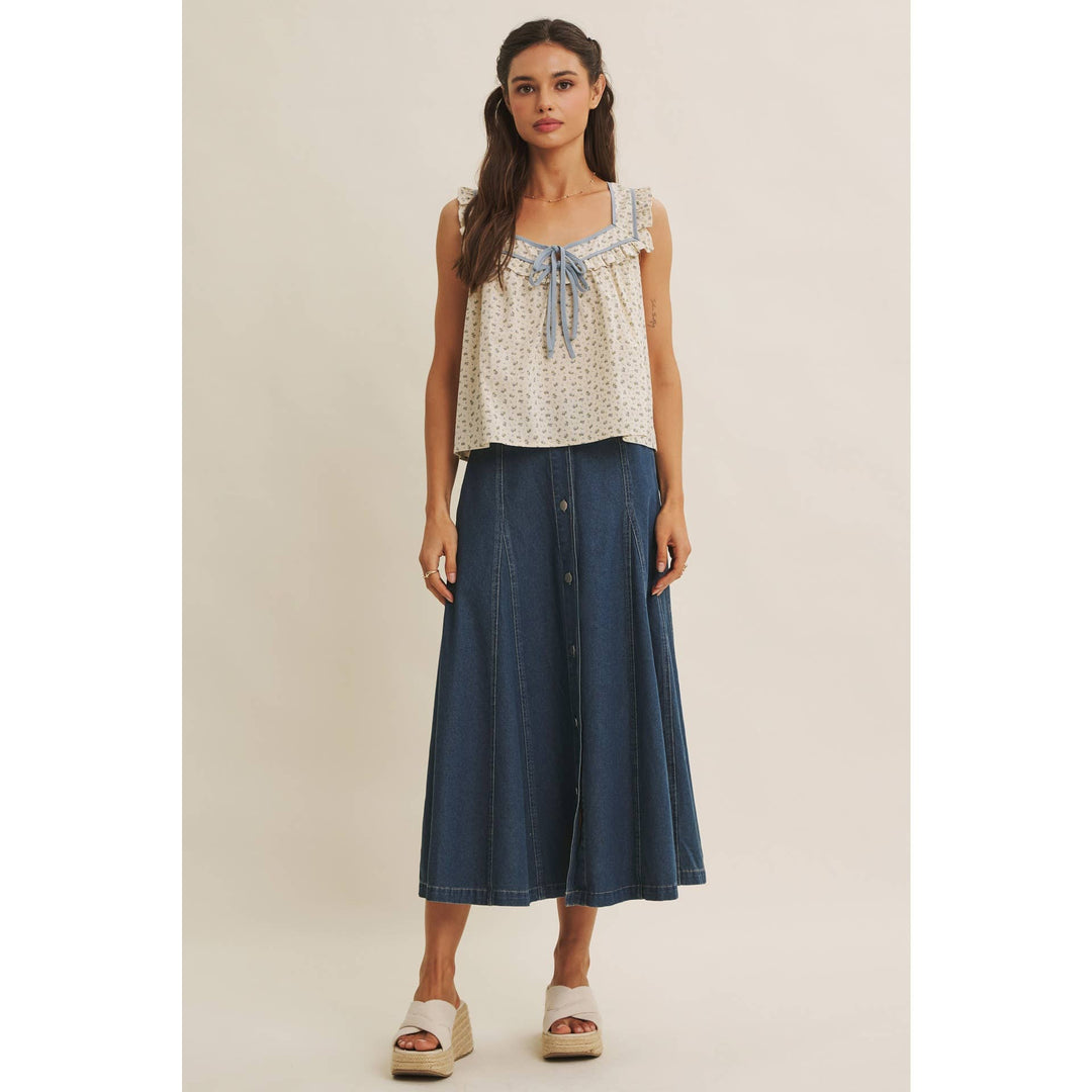 Women's Sleeveless - ANTIQUE MEADOW CONTRAST BINDING FLORAL RUFFLED BLOUSE TOP - - Cultured Cloths Apparel