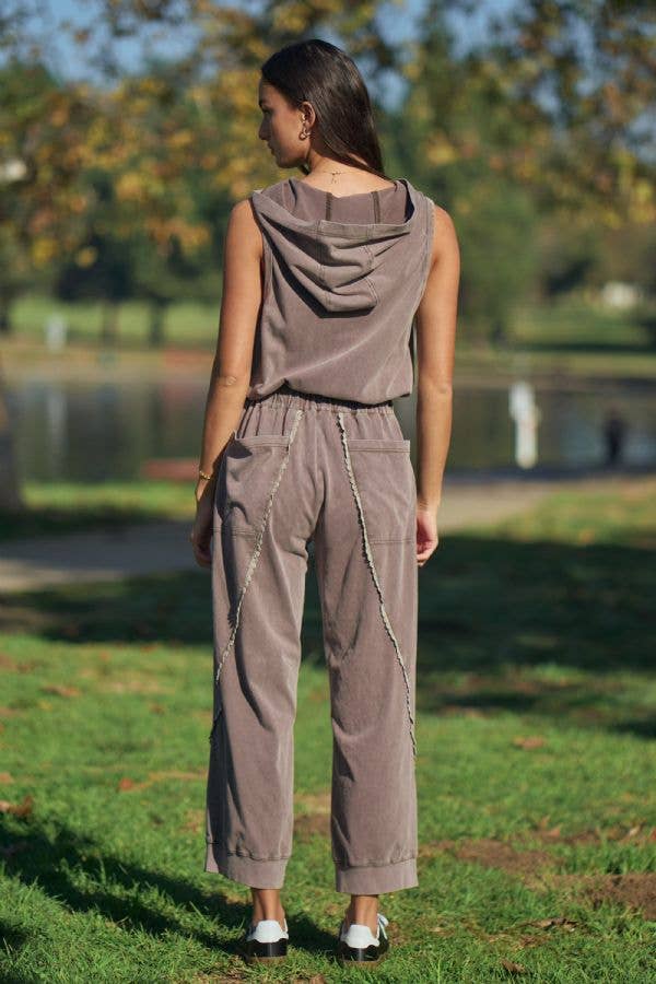 Washed Lace Trim Sleeveless Hooded Jumpsuit