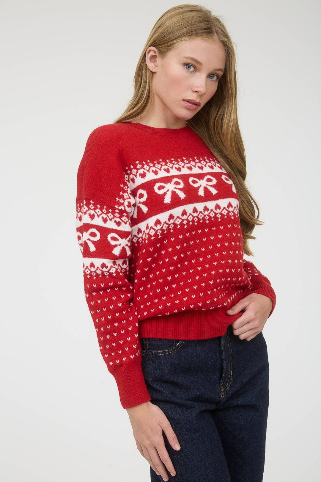 BOW AND HEART JACQUARD KNIT PULLOVER SWEATER