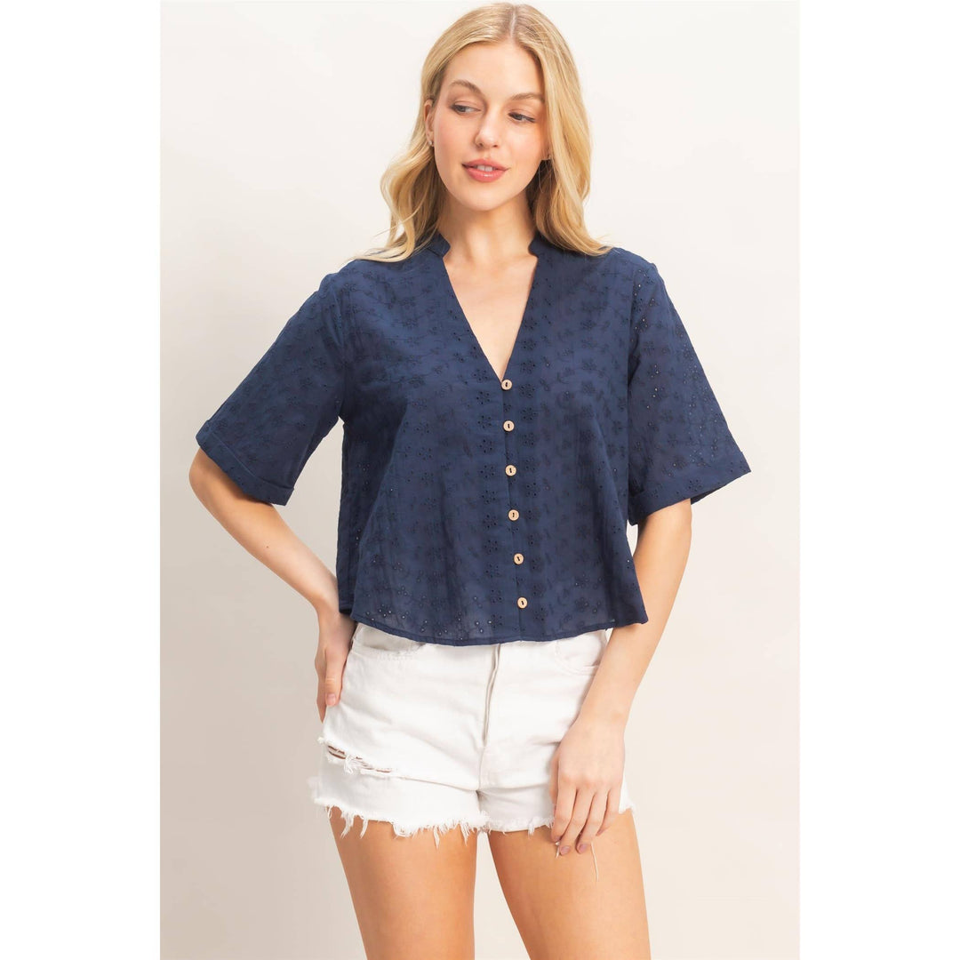 Olive Floral Eyelet Mandarin Collar Top