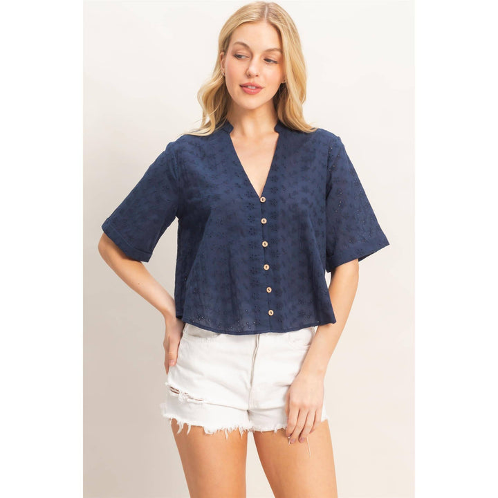 Olive Floral Eyelet Mandarin Collar Top