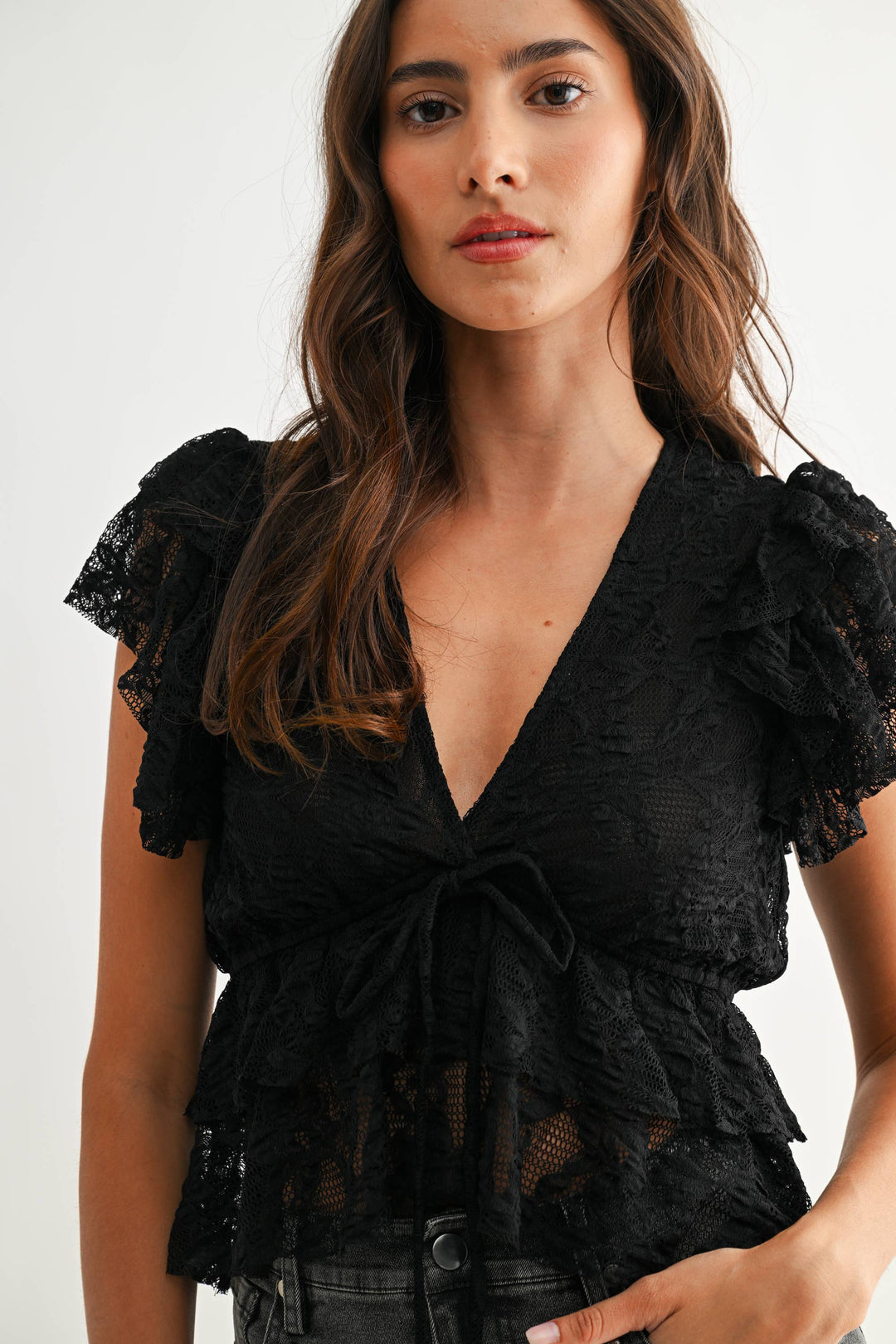 Lace Ruffled Semi-Sheer Blouse
