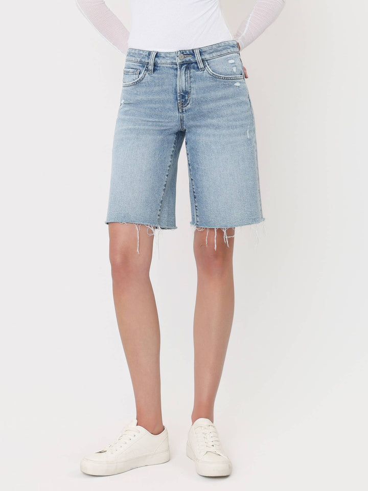 Denim - MID RISE RAW HEM LIGHT WASH DENIM JORTS - L - Cultured Cloths Apparel