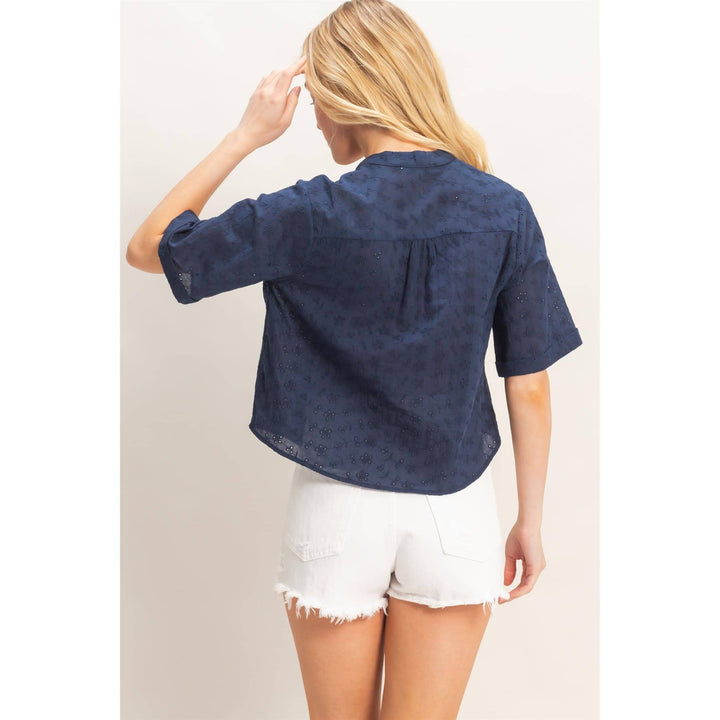 Olive Floral Eyelet Mandarin Collar Top