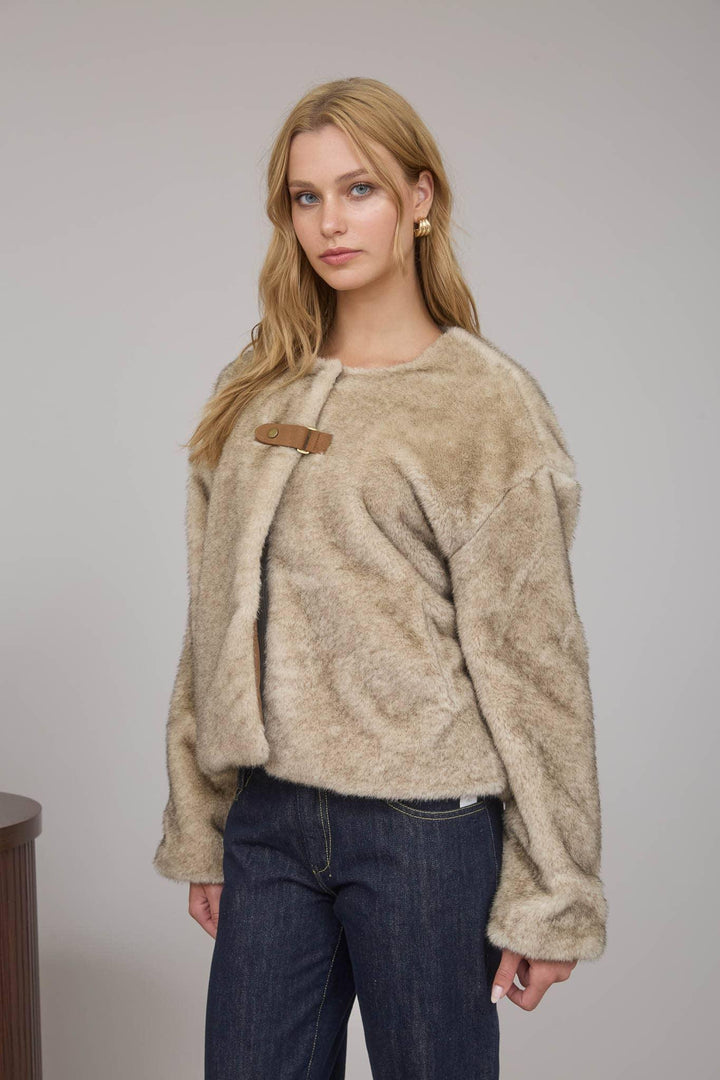 Outerwear - FAUX FUR FRONT TAB DETAIL COAT - - Cultured Cloths Apparel