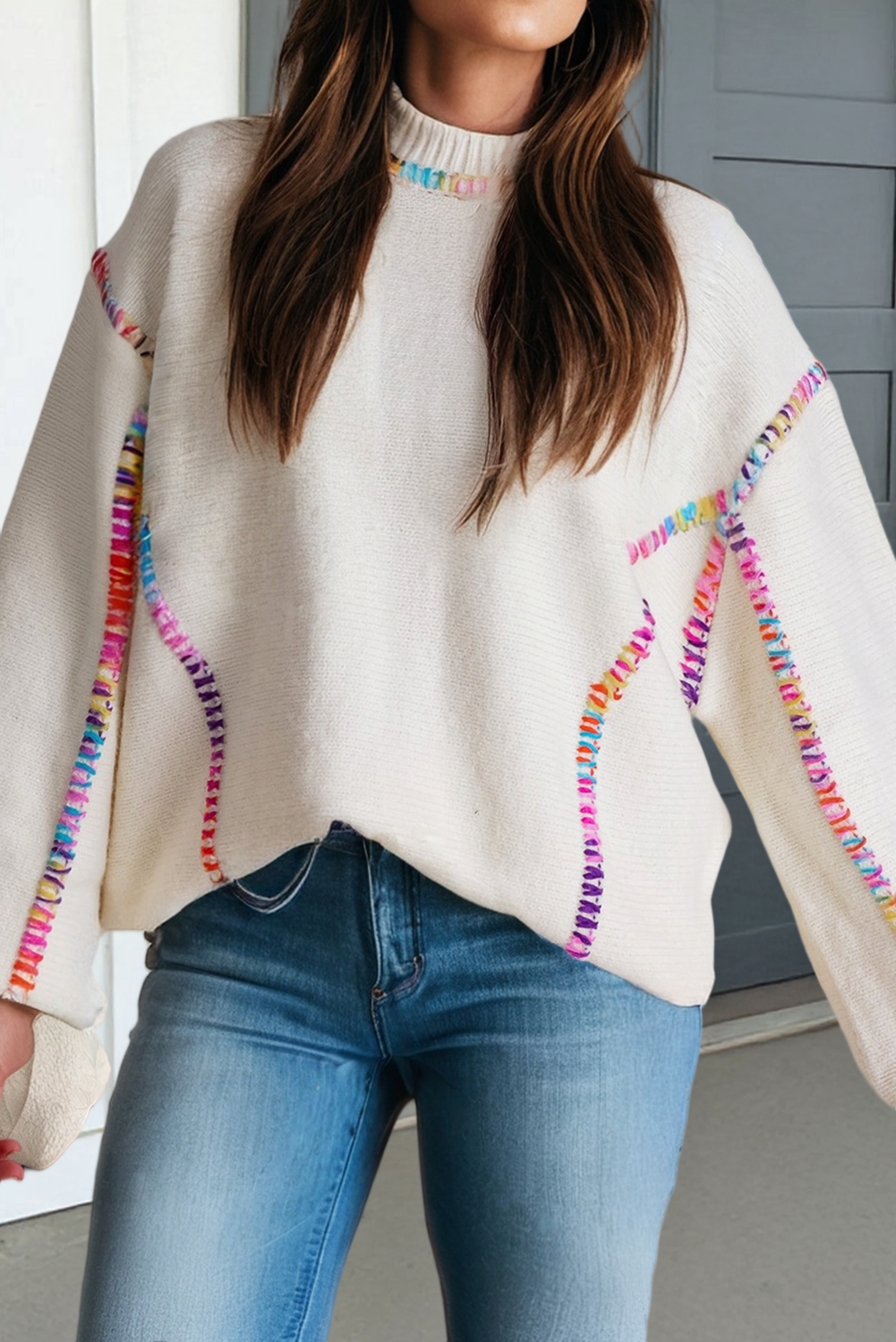 Color Block Stitching Bishop Sleeve Sweater (S-XL)