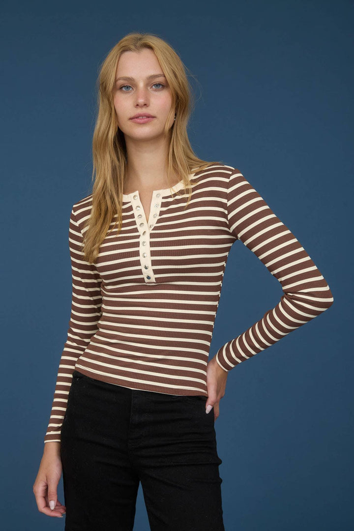 Women's Long Sleeve - STRIPE SNAP BUTTON HENLEY RIB KNIT TOP - - Cultured Cloths Apparel