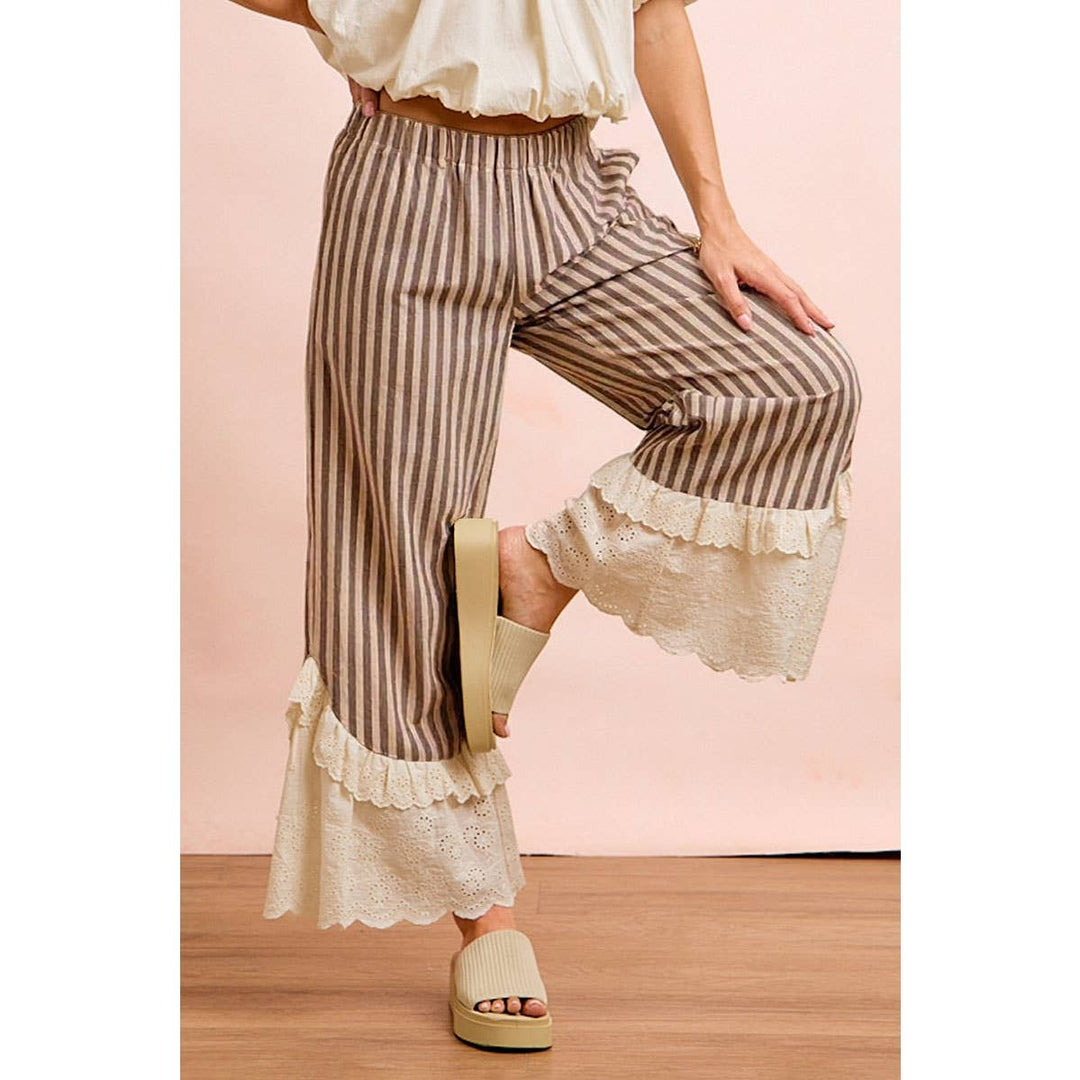 STRIPE WOVEN RUFFLED LACE HEM PANTS WITH SIDE POCKET