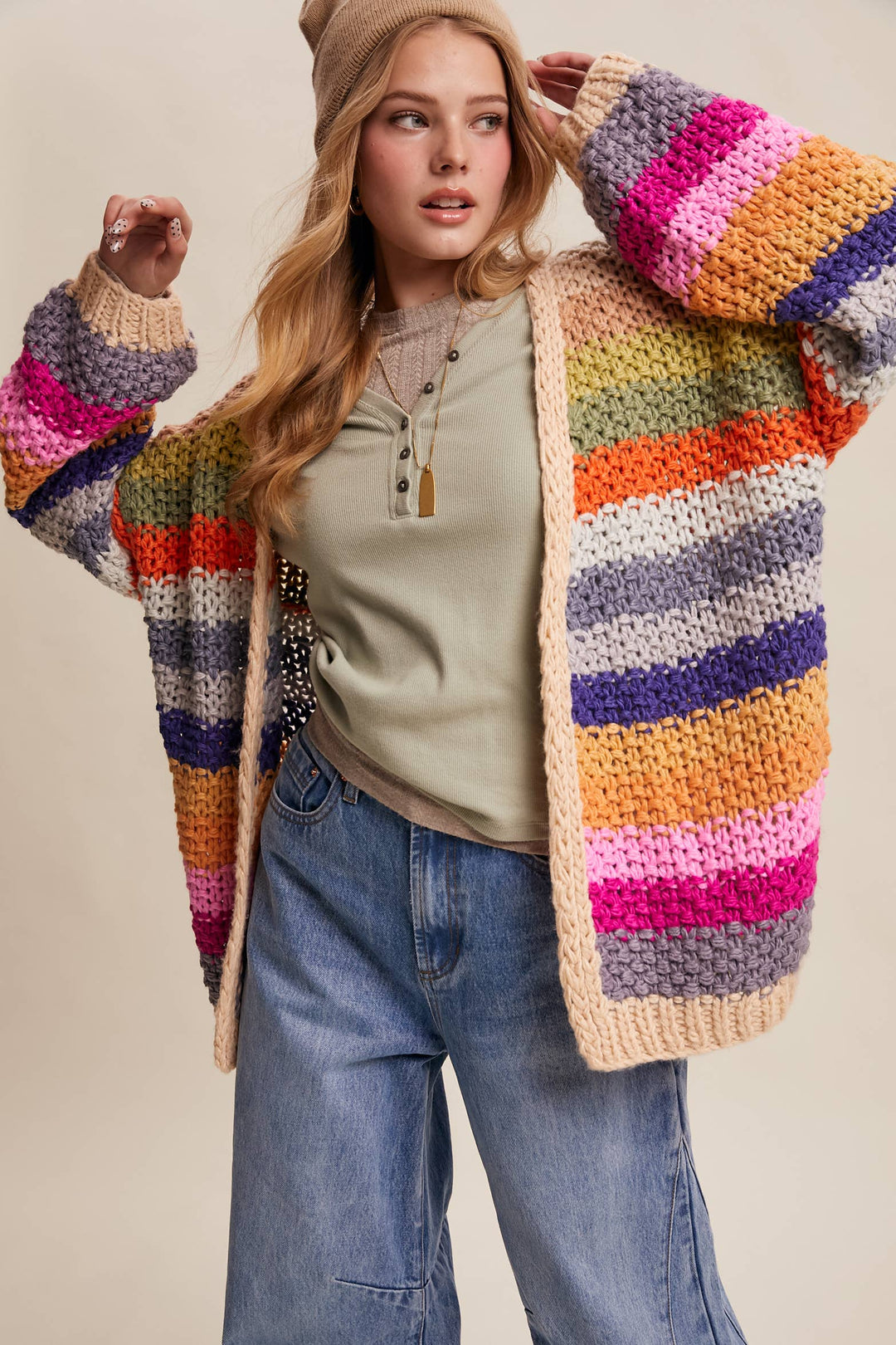 Women's Sweaters - Rainbow Hand-Crochet Open Cardigan - Cream Multi - Cultured Cloths Apparel