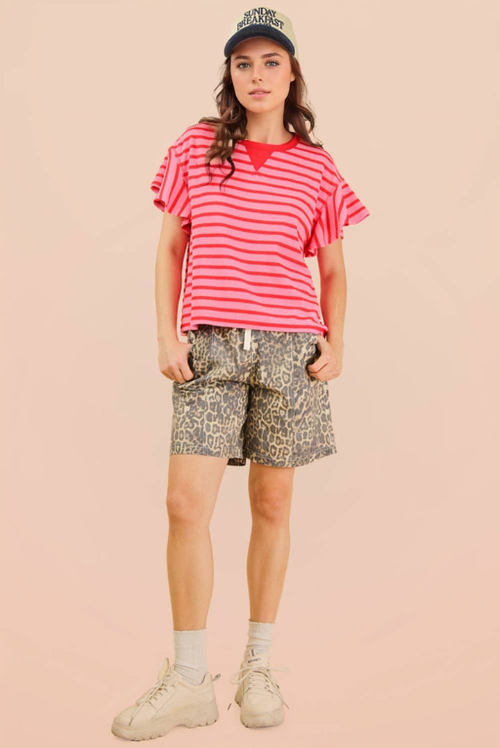 Oversized Ruffle Sleeve Casual Stripe Knit Top