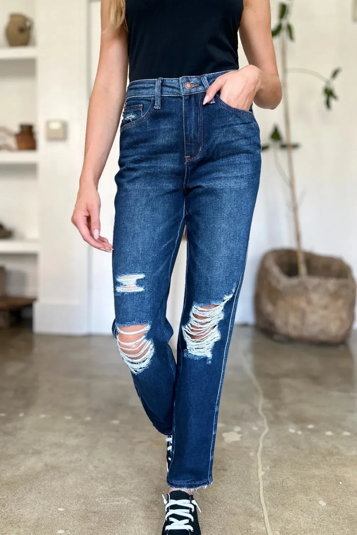 Denim - Judy Blue Full Size High Waist Rigid Magic Heavy Destroy Straight Jeans - Dark - Cultured Cloths Apparel