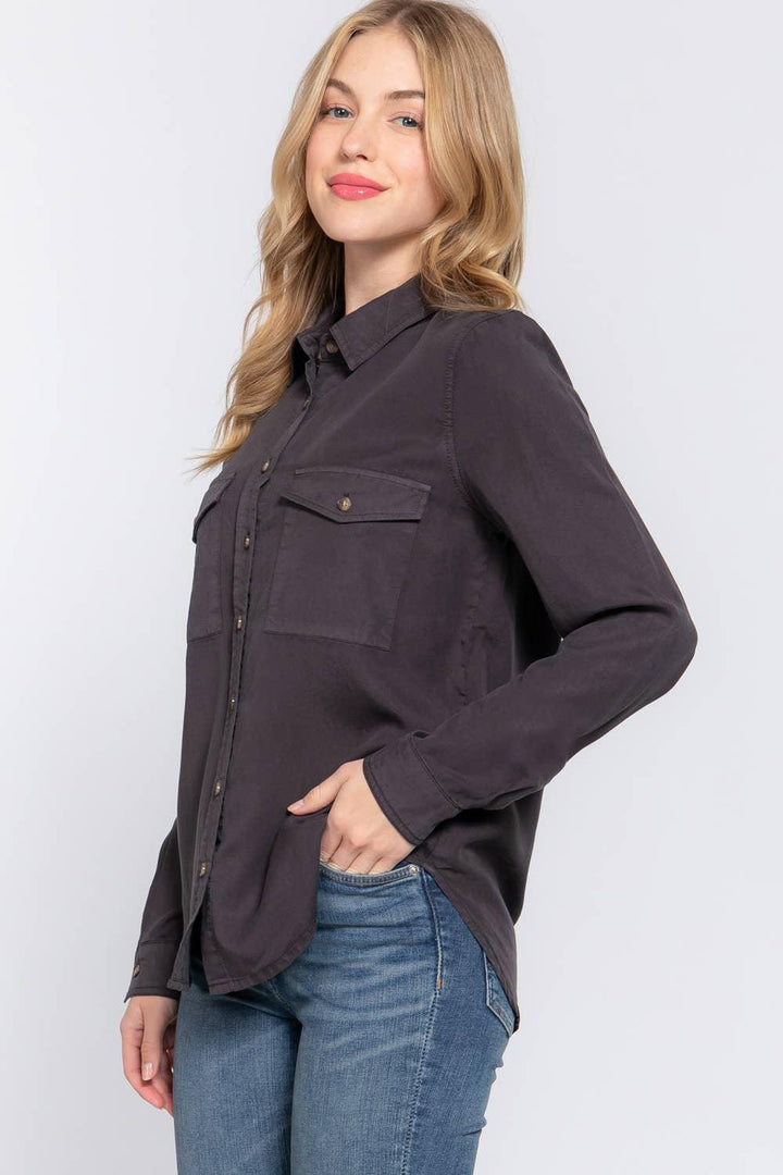 Women's Long Sleeve - Long Sleeve Color Tencel Shirt - - Cultured Cloths Apparel