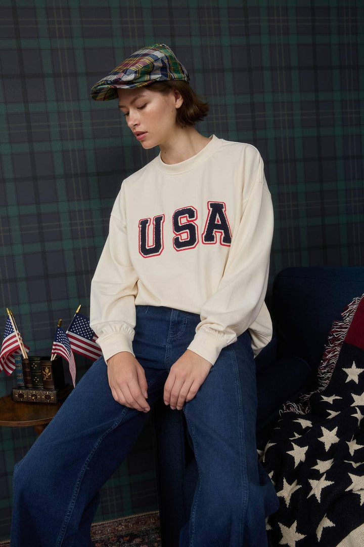 Women's Long Sleeve - USA VARSITY LETTER LONG SLEEVE KNIT TOP - - Cultured Cloths Apparel