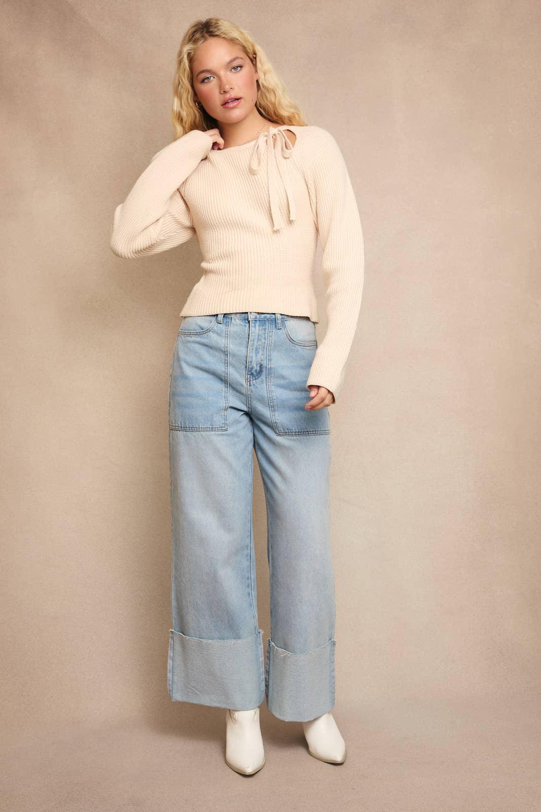 Women's Sweaters - ROUND NECK SWEATER WITH RIBBON BOW DETAIL ON THE SHOULDER - - Cultured Cloths Apparel