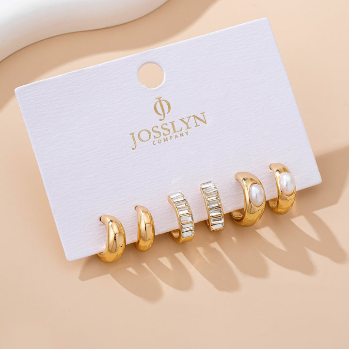 Accessories, Earrings - Pearl & Baguette Huggie Hoop Trio Earring Set - GOLD - Cultured Cloths Apparel