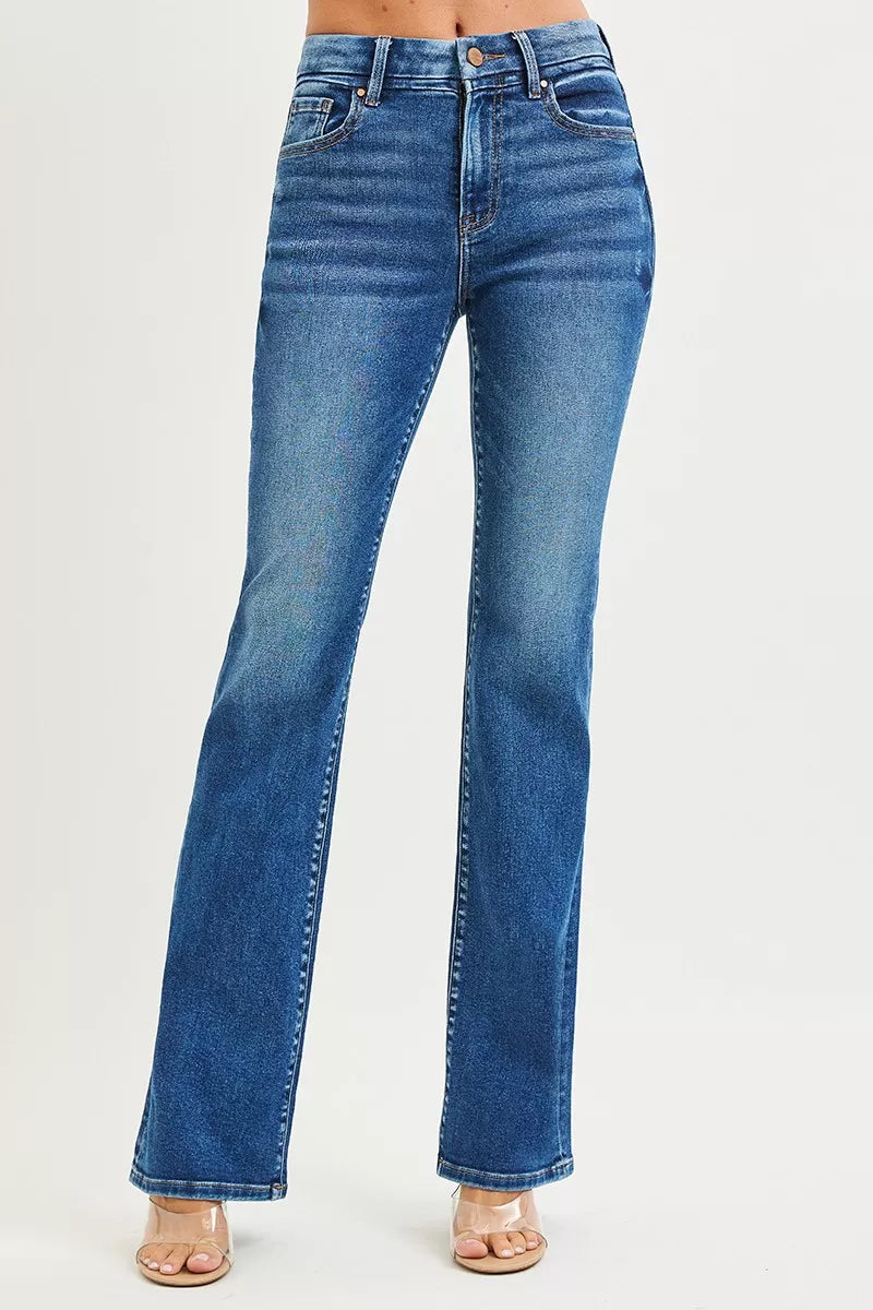 Denim - RISEN High Rise Bootcut Jeans With Distressed Details - DARK - Cultured Cloths Apparel