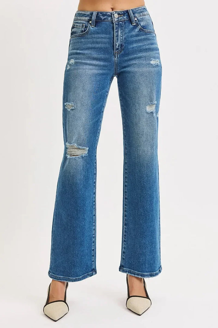 Denim - RISEN Full Size High Rise Ankle Straight Front Body Distressed Jeans Plus Size - MEDIUM - Cultured Cloths Apparel