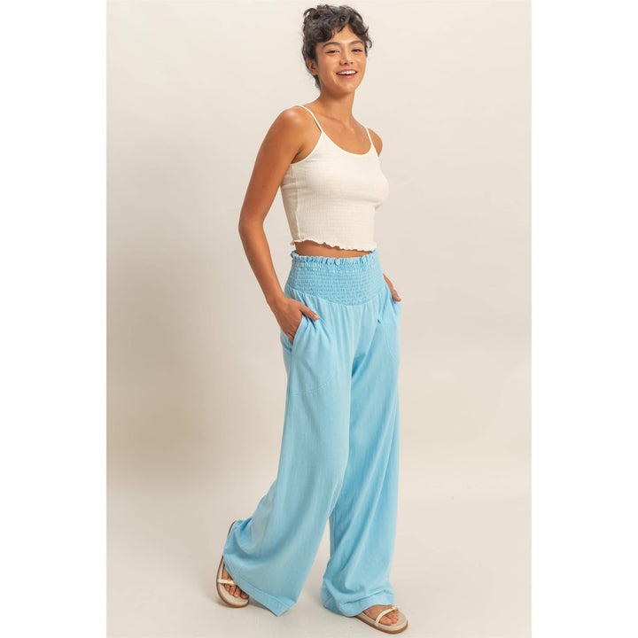 Mineral Washed Wide-Leg Smocked Waist Pants