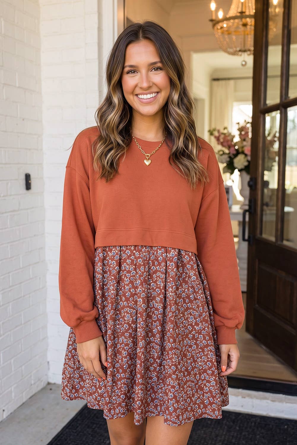 Fall Floral Patchwork Flared Mini Dress (S-XL)