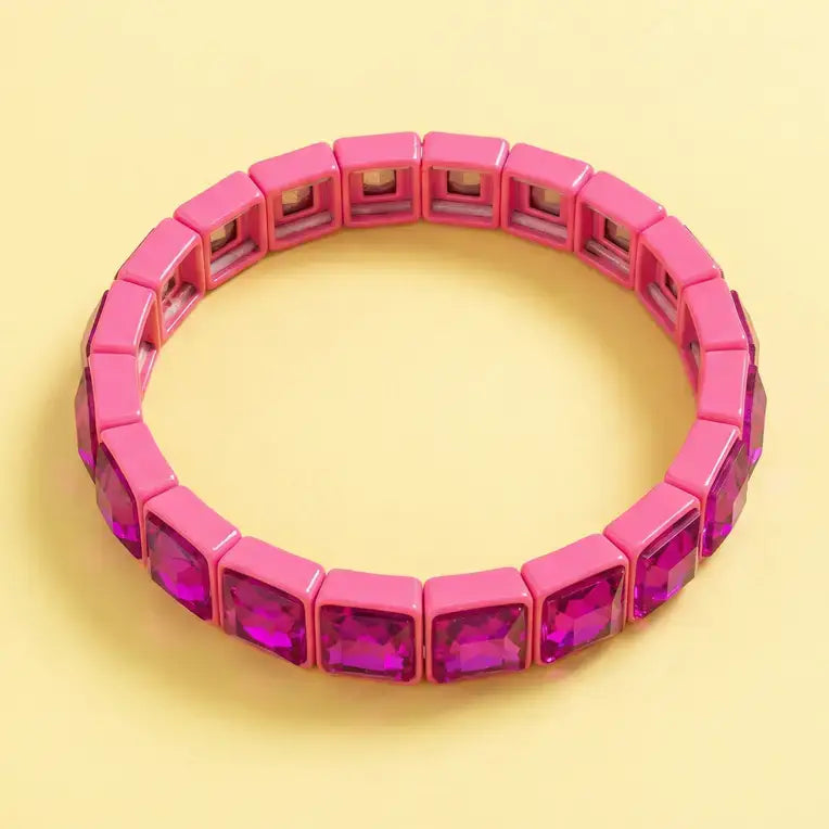 Accessories, Bracelets - Enamel Stretch Bracelet - Square Gems - Libby - Asst Colors - Pink w/ Pink Stones - Cultured Cloths Apparel