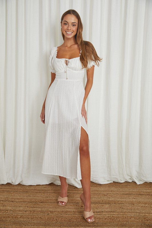 Women's Dresses - Puff Sleeved Tied Front Midi Dress - WHITE - Cultured Cloths Apparel