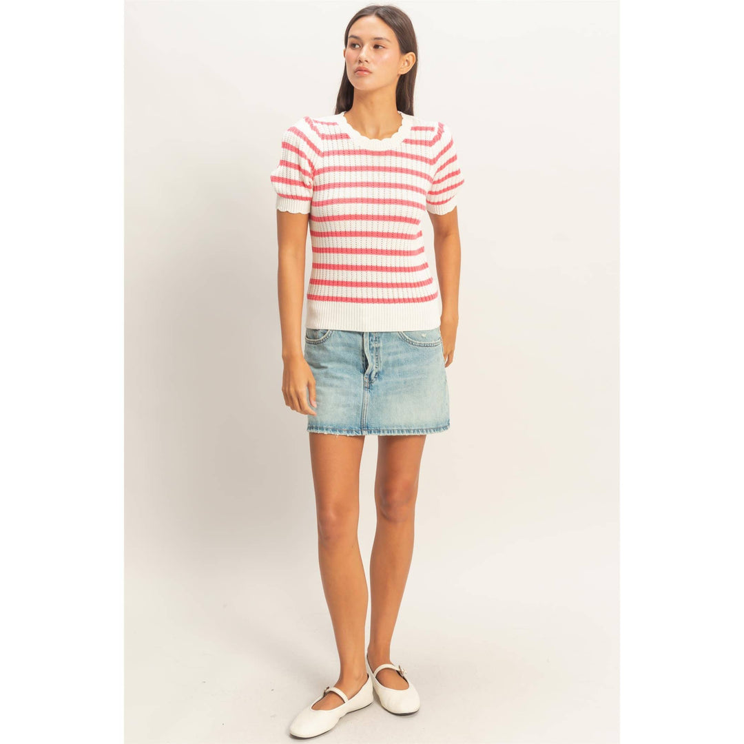 Striped Scallop Edge Puff Sleeve Knit Top